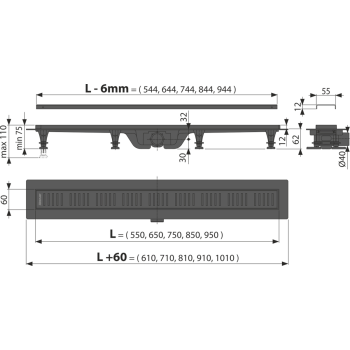 ALCAPLAST APZ10BLACK 750M (75CM) - Odpływ podłogowy z obramowaniem do rusztu perforowanego, czarny-mat